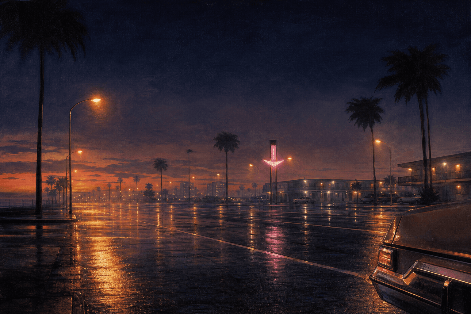 A wet boulevard at dusk, sodium streetlights and a motel sign, painted by us