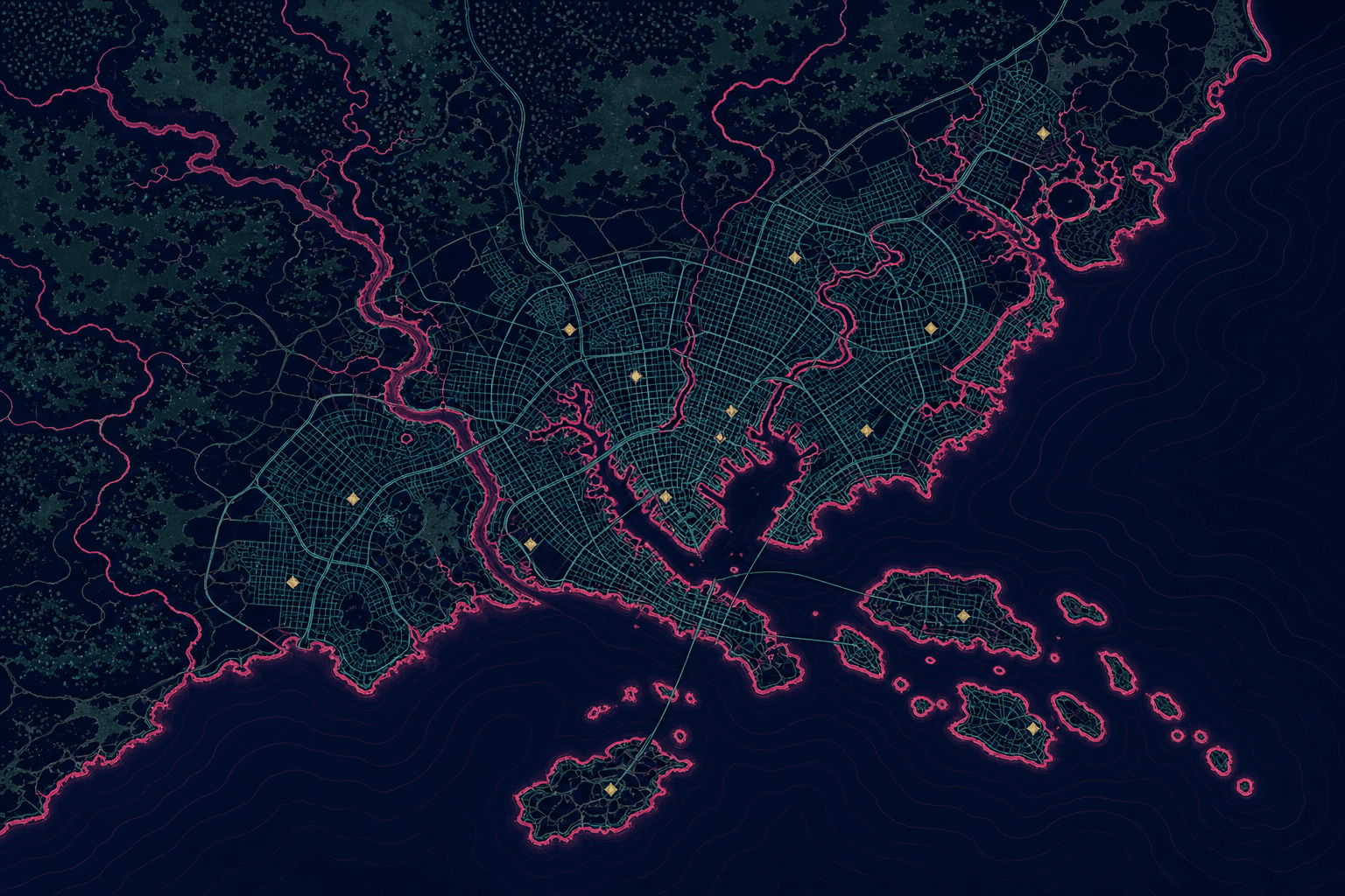 An illustrated dark map of an invented coastal city, drawn by us
