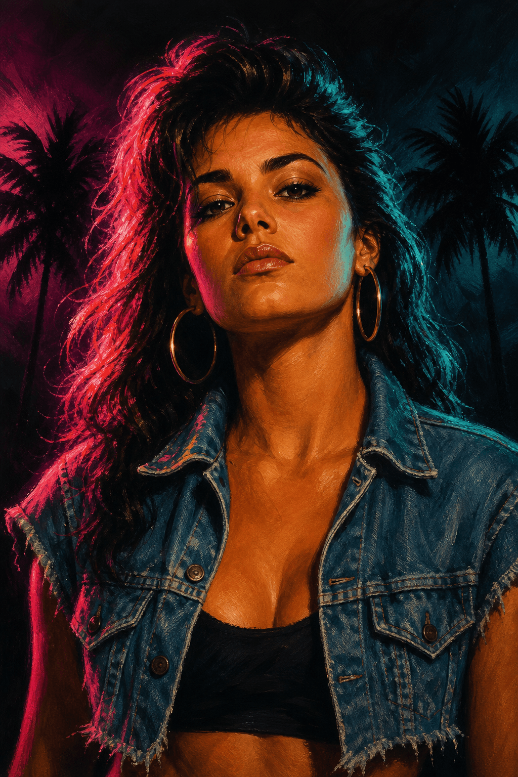 Painted poster portrait of a character in the city's neon style