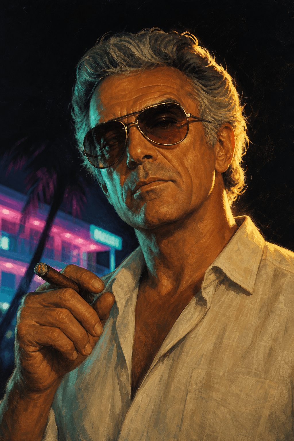 Painted poster portrait of an older character in the city's neon style